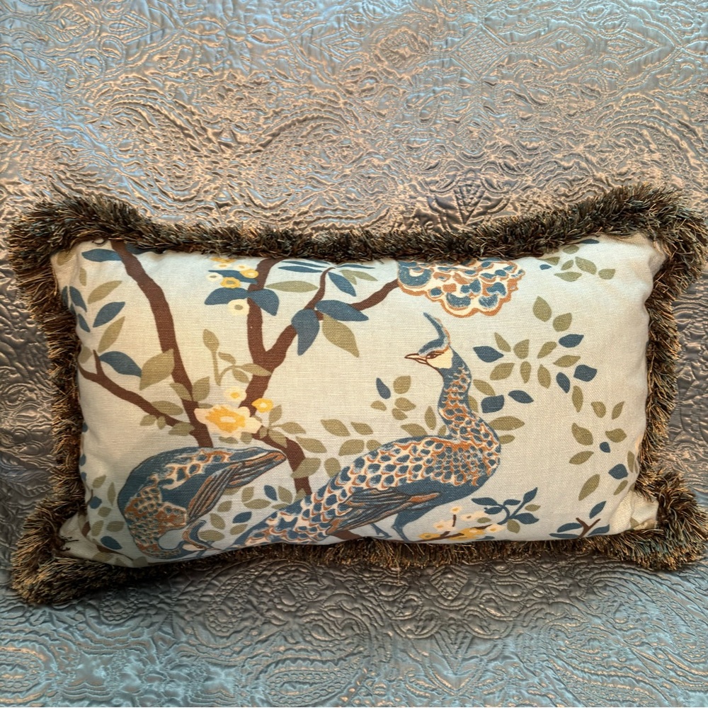 Custom made Decorative Pillow Peacock Design fringed 13X26” EUC farmhouse modern